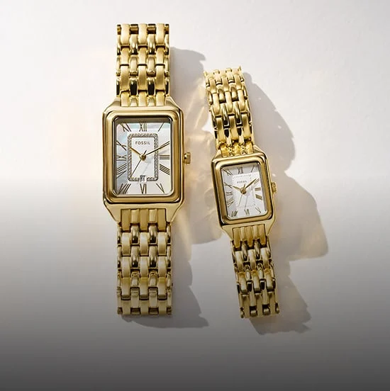 Two gold-tone Fossil Raquel watches shown in the classic size and new mini 18mm case.
