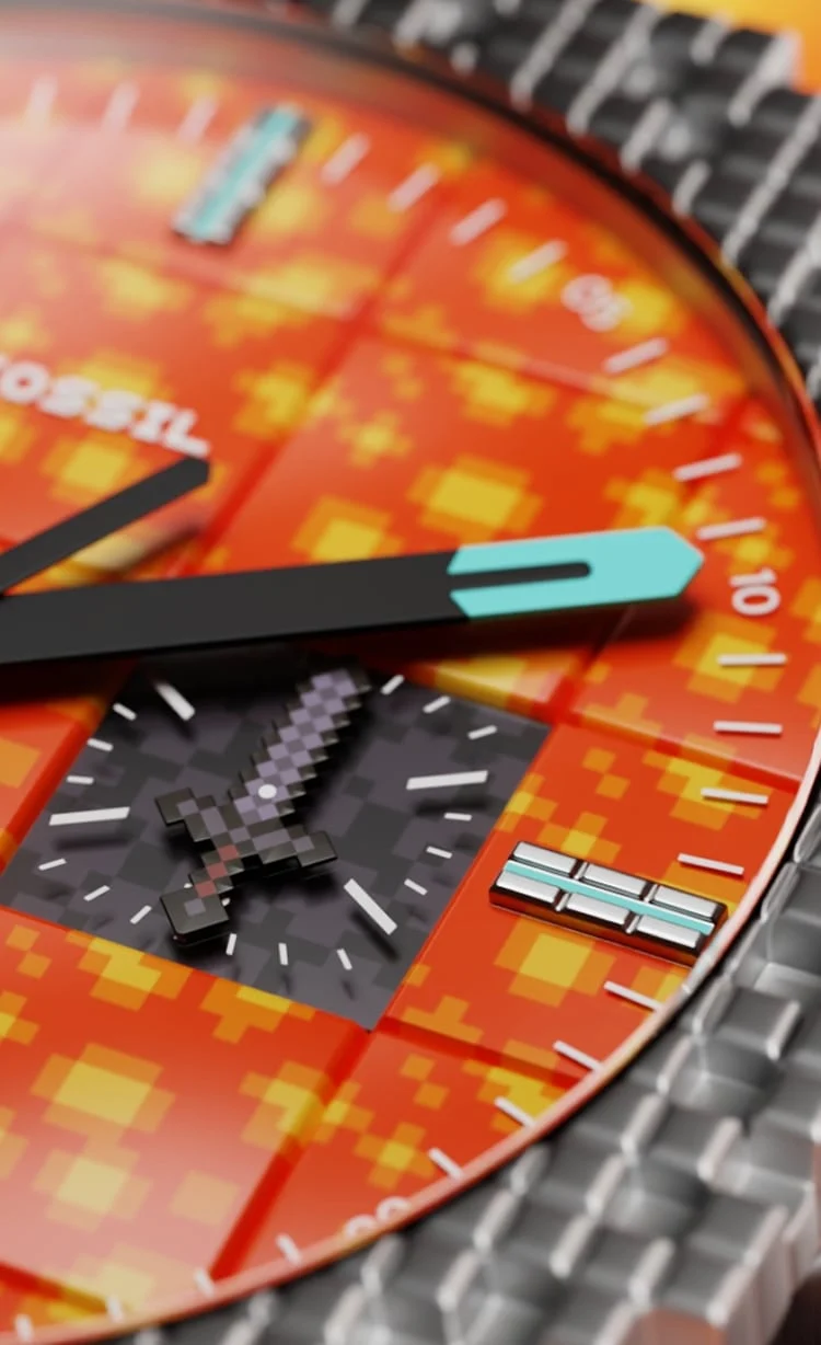Minecraft x Fossil「ネザー」ウォッチのクローズアップ。燃えるようなオレンジの溶岩流、ネザライト装備の針、青く輝く夜光塗料を、シルバーのピクセル調トップリングが囲みます。