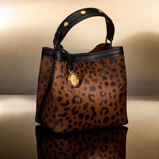 The Jessie Bucket bag in leopard haircalf.