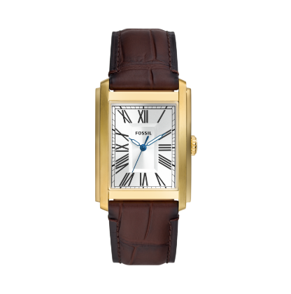 Brown leather gold-tone watch with square dial.