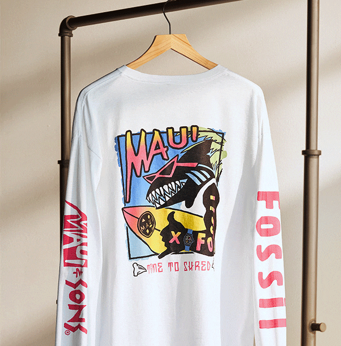 Gif of the front and back of the exclusive Maui and Sons x Fossil t-shirt, featuring a shark and '80s-inspired graphics and colors.