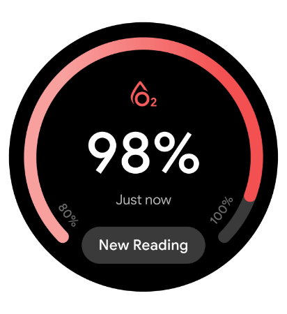 Une montre intelligente Gen 6 indiquant une lecture du taux d’O2 de 98 % sur le cadran. 