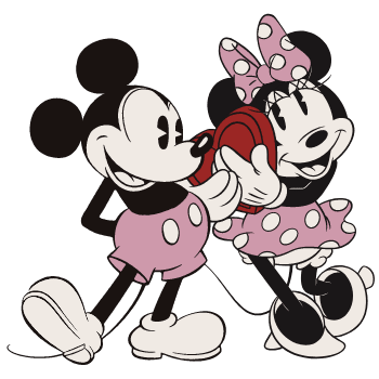 Animación de Mickey Mouse dándole corazones a Minnie Mouse.