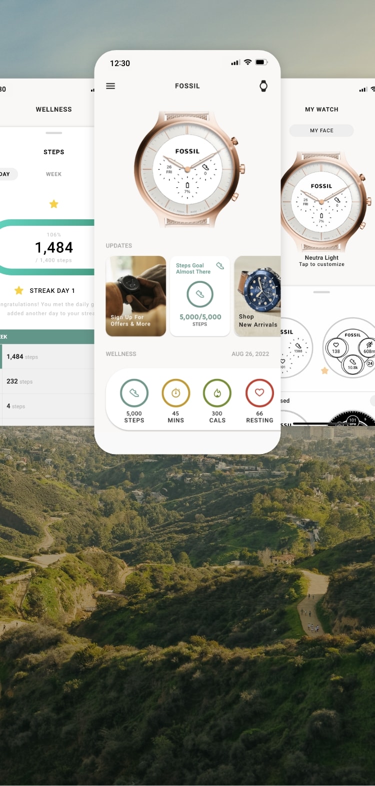 A scenic background and three simulated smartphone screens showcasing the Fossil Smartwatches app functionality for Hybrid HR. A scenic background and three simulated smartphone screens showcasing the Fossil Smartwatches app functionality for Hybrid HR.