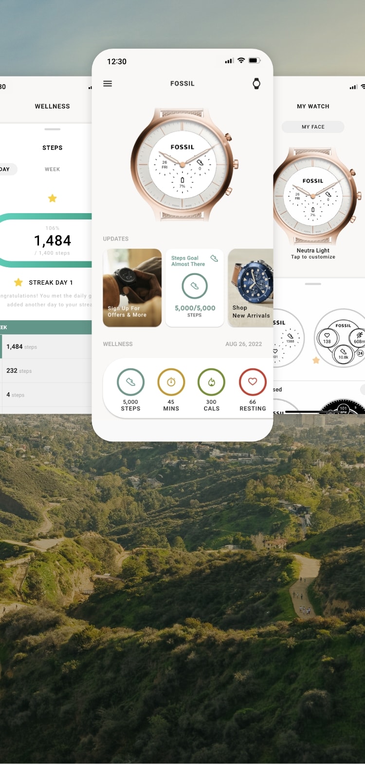 美しい景色を背景に、ハイブリッドHR向けのFossilスマートウォッチアプリ機能を表示した、3つの調整済みスマートフォンスクリーン。