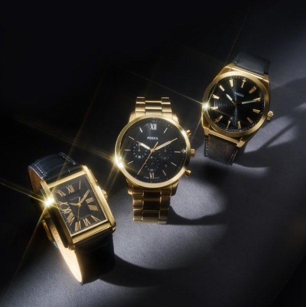The Carraway, Neutra and Everett watches in the seasonal gold-tone and black finish.