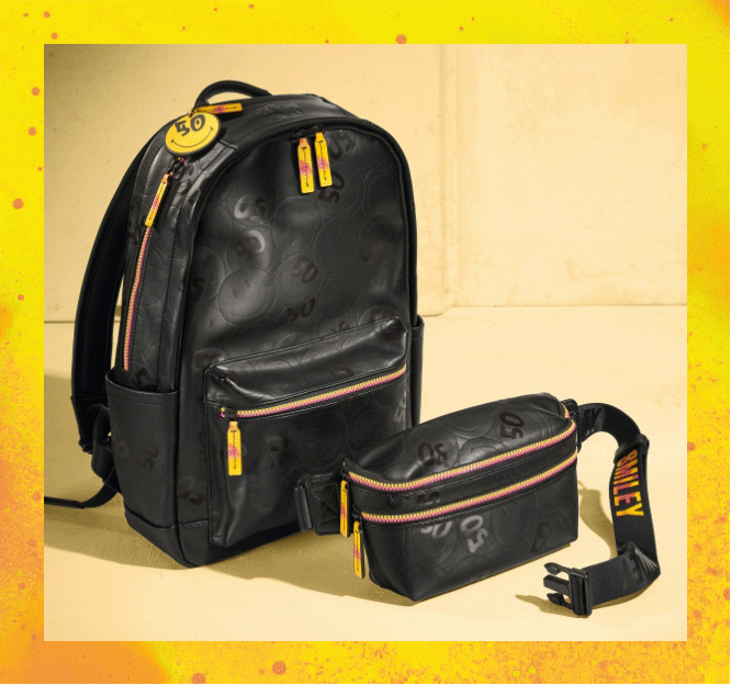 A GIF of the black Fossil x Smiley backpack and detachable belt bag.