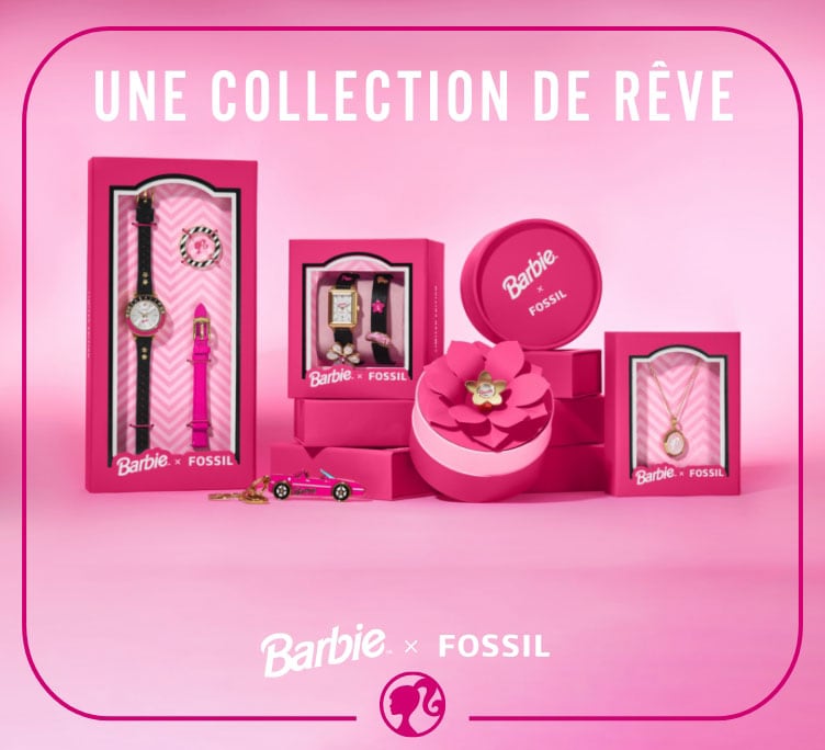 Des modèles de notre collection Barbie x Fossil sur un fond rose : la montre Barbie™ x Fossil en édition limitée à trois aiguilles en cuir LiteHide™ noir, la montre Raquel, le porte-clés Barbie, la bague-montre et le collier à médaillon doré.