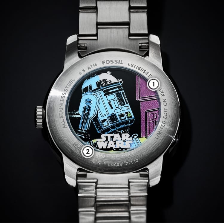 The back of a watch, featuring a comic book-style illustration of R2-D2