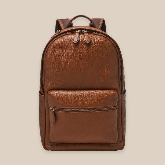 Men's brown leather backpack.