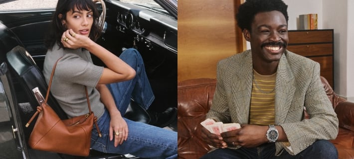 A woman sitting in a car and wearing the brown leather Willa bag. A man wearing a silver-tone watch.