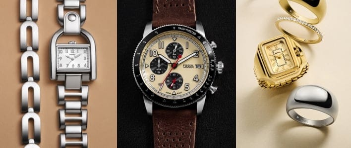 Une montre Harwell argentée ; la montre Sport Tourer en cuir brun ; la bague-montre Raquel dorée avec plusieurs bagues dorées et argentées.