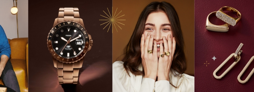The rose gold-tone Fossil Blue GMT. A woman wearing gold-tone jewelry and covering her smile. Gold-tone rings and earrings.