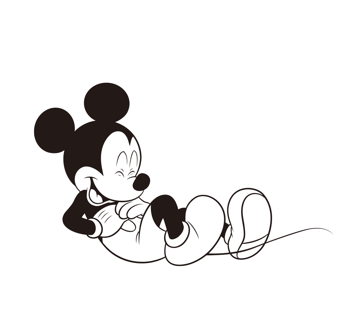 An animated GIF of Mickey Mouse, looking up while facing away, then turning around and playfully dancing.
