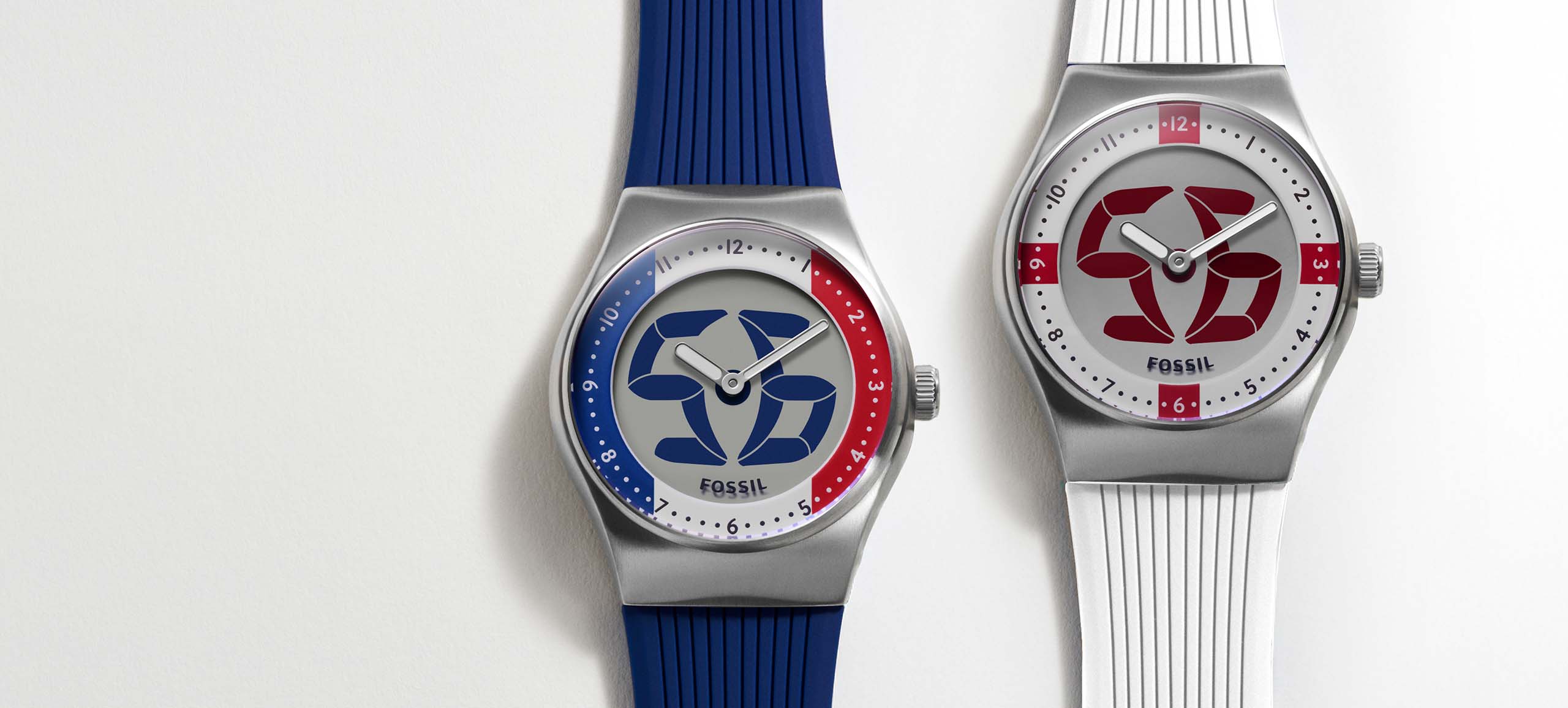 Two World Flags Big Tic Fossil watches sit side-by-side