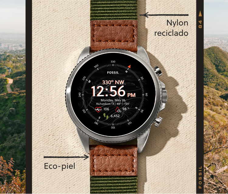 A Gen 6 Venture Edition smartwatch with green nylon strap and brown eco-leather accents.
