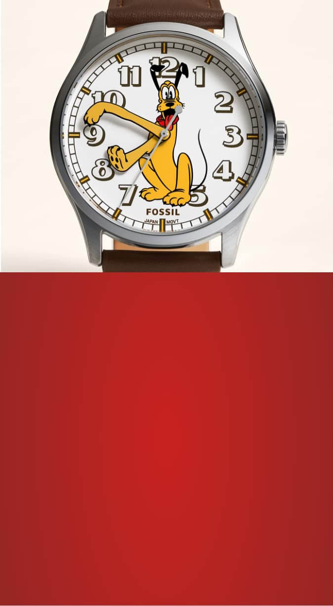 Un module à écran divisé présentant la montre anniversaire Pluto, avec une illustration de Mickey Mouse et Pluto sur un fond rouge.