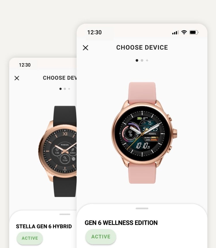 Two simulated smartphone screens showcasing a Gen 6 Hybrid smartwatch and a Gen 6 Wellness Edition smartwatch and how the Fossil Smartwatches app allows the user to manage both devices.