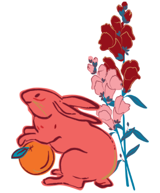 Imagen de un conejo con una naranja y flores.
