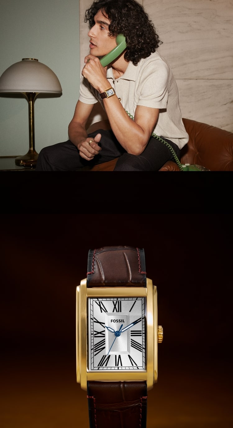 The Carraway watch with a brown leather strap. A man wearing the Carraway watch and holding a green phone receiver.