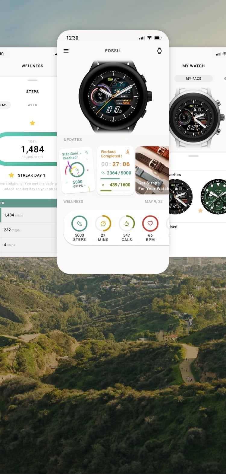 Tre schermi simulati di smartwatch mettono in evidenza le nuove funzionalità dell’app Fossil Smartwatches su uno sfondo scenografico.