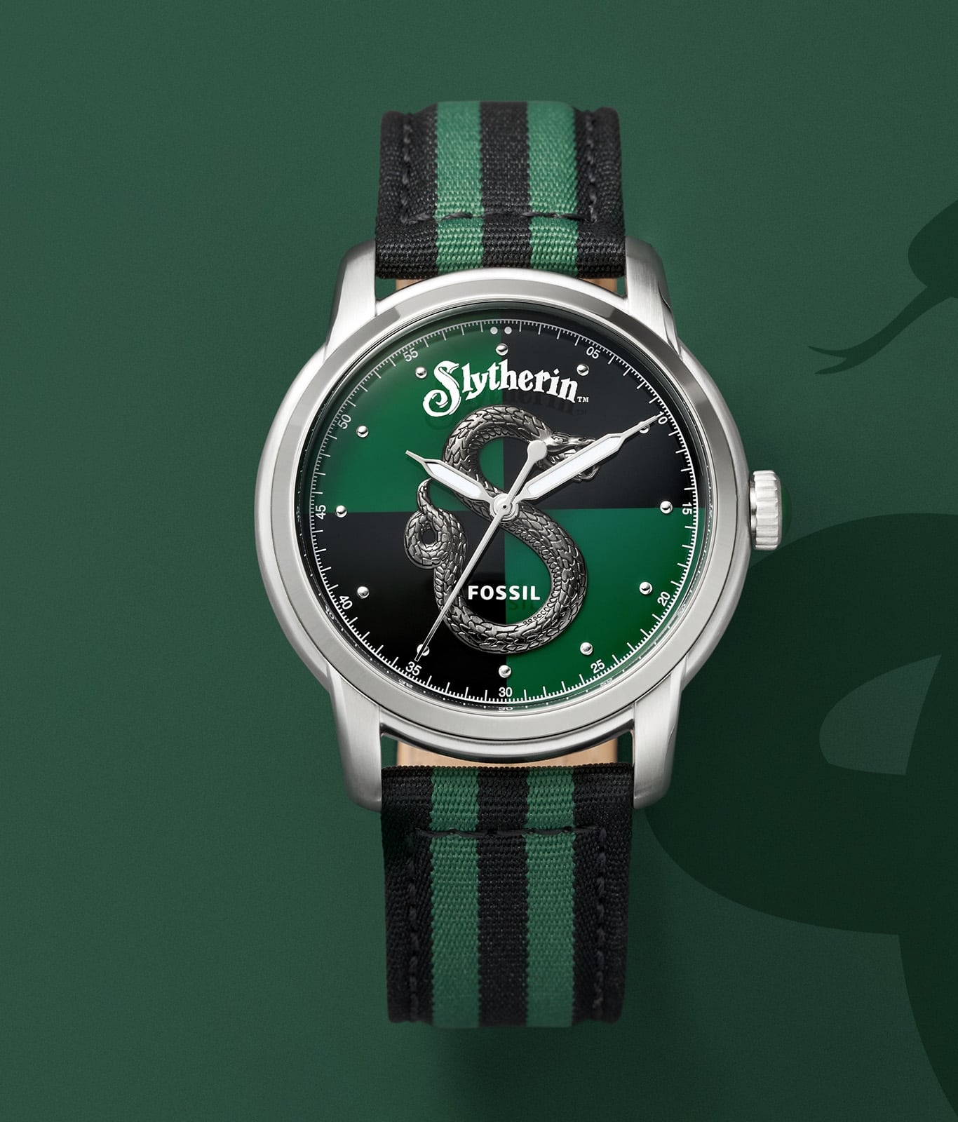 Silver-tone Slytherin house watch with a green and black strap.