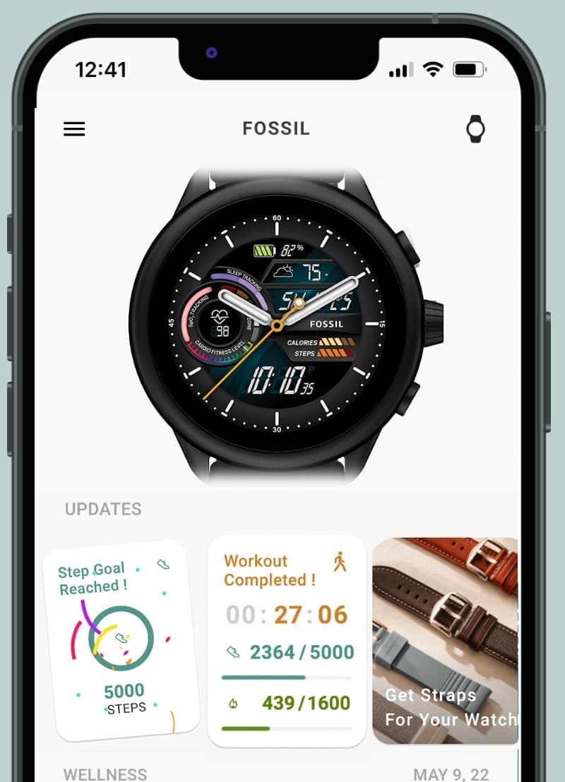 Captura de pantalla de la página de inicio de la aplicación Fossil para relojes inteligentes.
