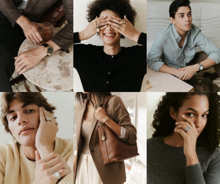 Grid of eight images (clockwise from top left): A person sitting at a table wearing a black and gold-tone watch; a woman hiding her eyes with her hands while wearing Fossil gold-tone rings; a person sitting at a table wearing a silver-tone watch; a woman posing with the brown leather Jessie Bucket bag; a man wearing silver-tone watch ring and men's rings; a woman carrying the brown leather Jessie Bucket bag; a woman wearing a gold-tone watch ring with green dial; a person posing with their hands to their face and wearing a silver-tone watch with green dial and a watch ring.