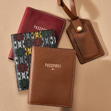 Leather passport holders and luggage tags.