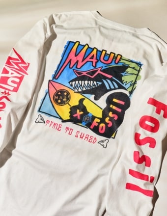 Maui and Sons x Fossil shirt with a shark graphic.