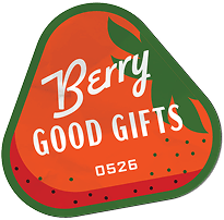 Strawberry sticker stating 'Berry Good Gifts'.