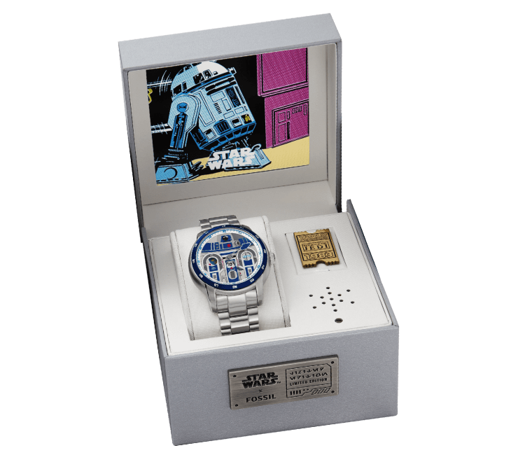 The R2-D2-inspired watch displayed in its box.