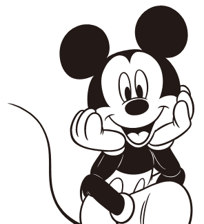 A graphic of Mickey Mouse sitting cross-legged above the watch with his head in his hands.