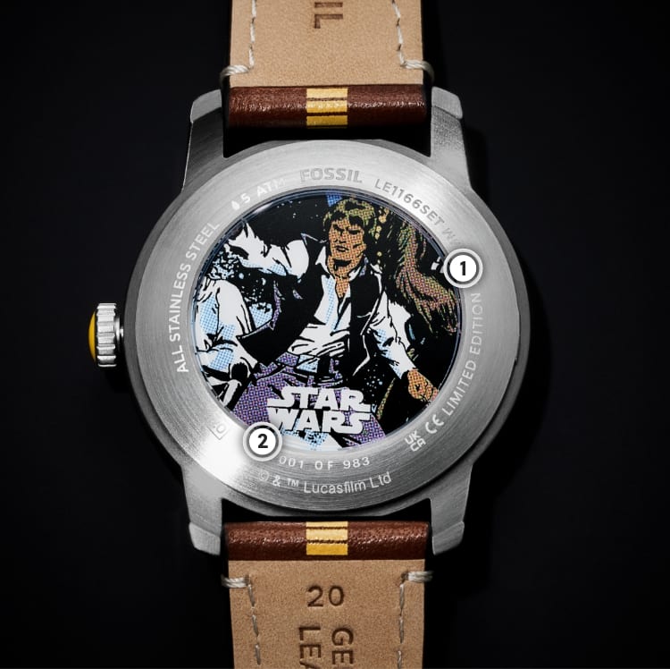 The back of a watch, featuring a comic book-style illustration of Han Solo
