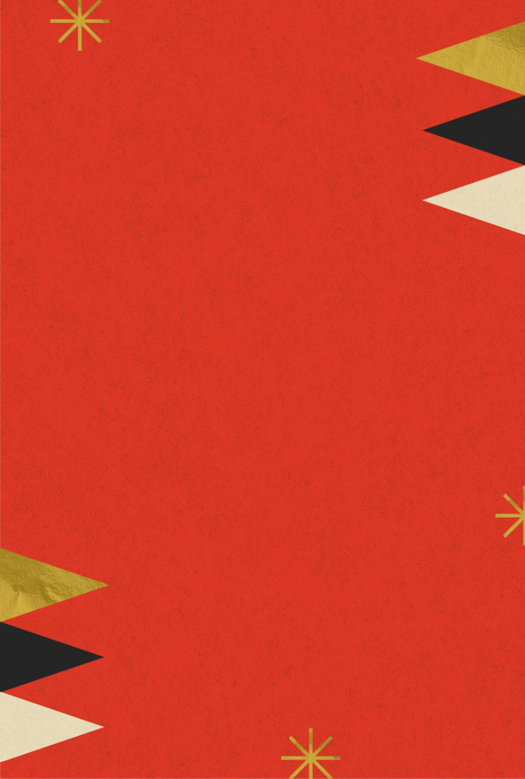 A red background with gold, black and white triangle graphics.