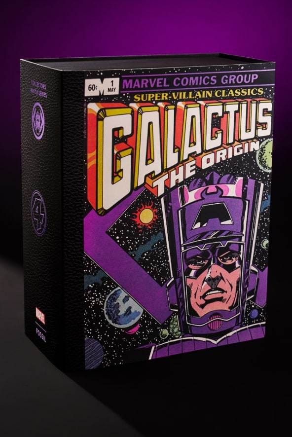 A custom-designed collectible packaging featuring Galactus cover art from the Marvel Comics archive.