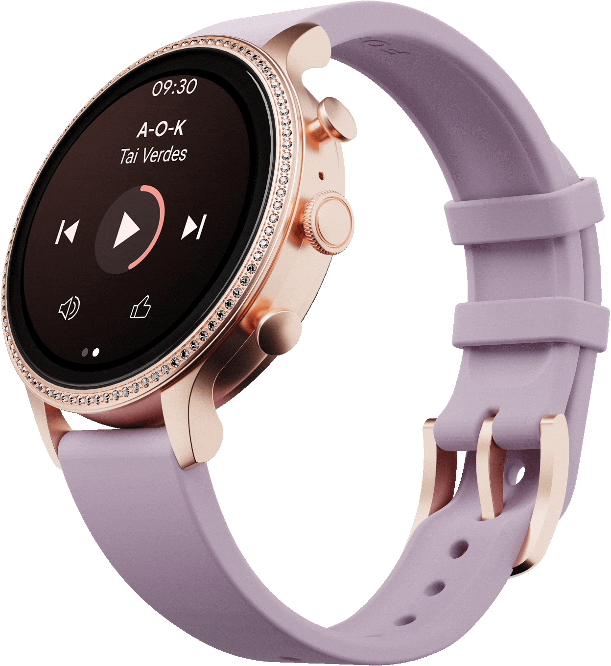 Une montre connectée Gen 6 avec un bracelet en silicone violet affichant sur le cadran une chanson en cours de lecture et des icônes de notes de musique.