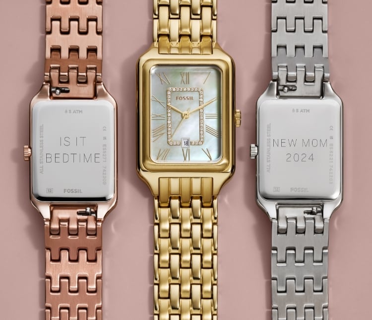 Three Raquel watches; the first showing the caseback engraved with New Mum 2024, the second showing the mother-of-pearl dial and the third showing the caseback engraved with Is It Bedtime?