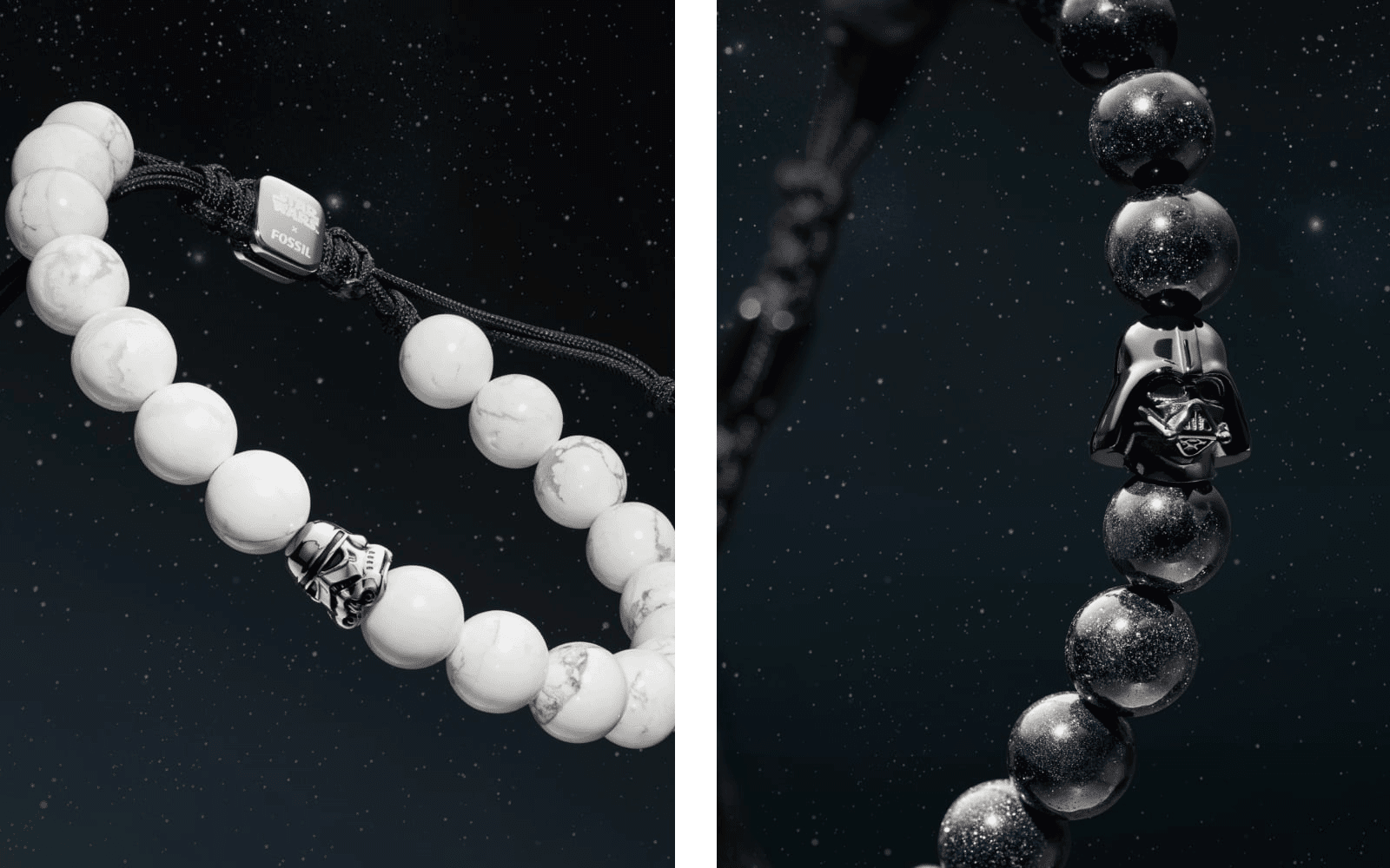 Images côte à côte d’un bracelet de perles blanches, dont une en forme de casque de stormtrooper, et d’un bracelet de perles en grès bleu, dont une en forme de casque de Dark Vador.