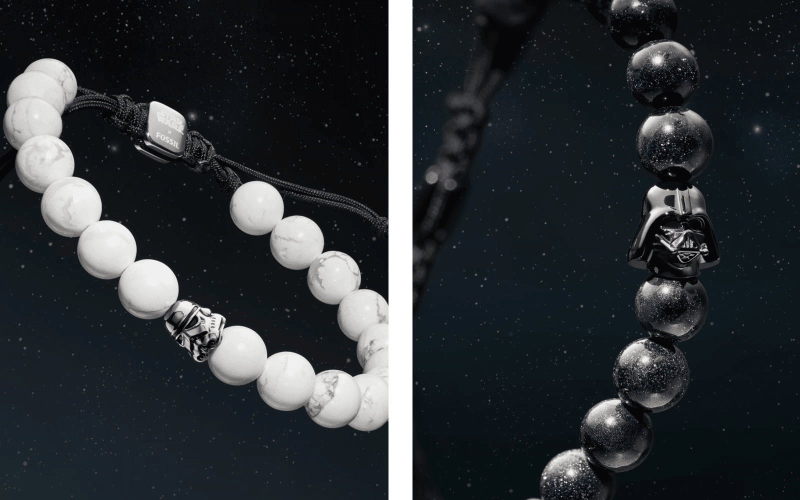 Side by side images of a white beaded bracelet with a stormtrooper helmet bead and a blue sandstone beaded bracelet with a Darth Vader helmet bead.