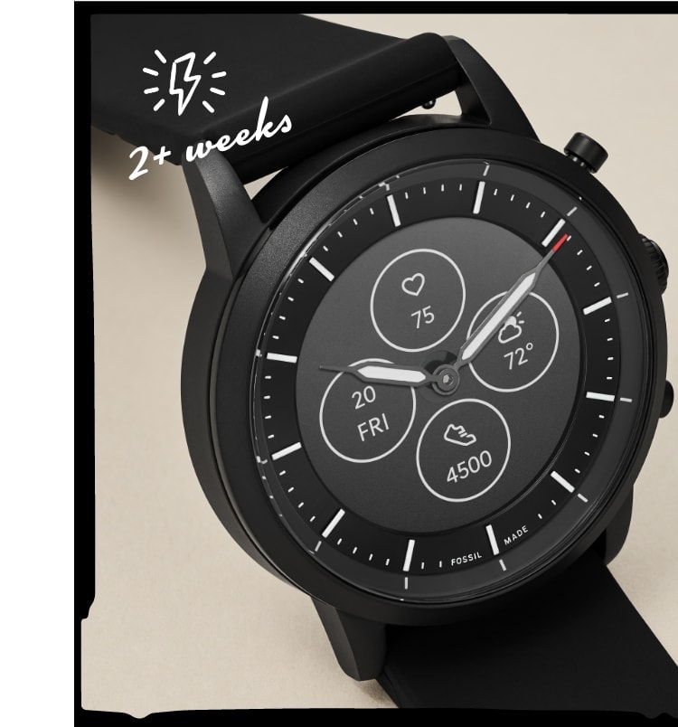Une montre connectée hybride HR noire affichant une icône en forme d’éclair et le texte « plus de 2 semaines ».