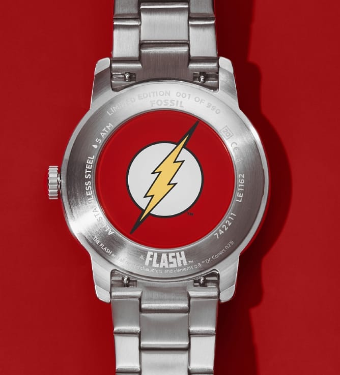 The red caseback with yellow lightning bolt emblem of The Flash™ x Fossil limited edition watch.