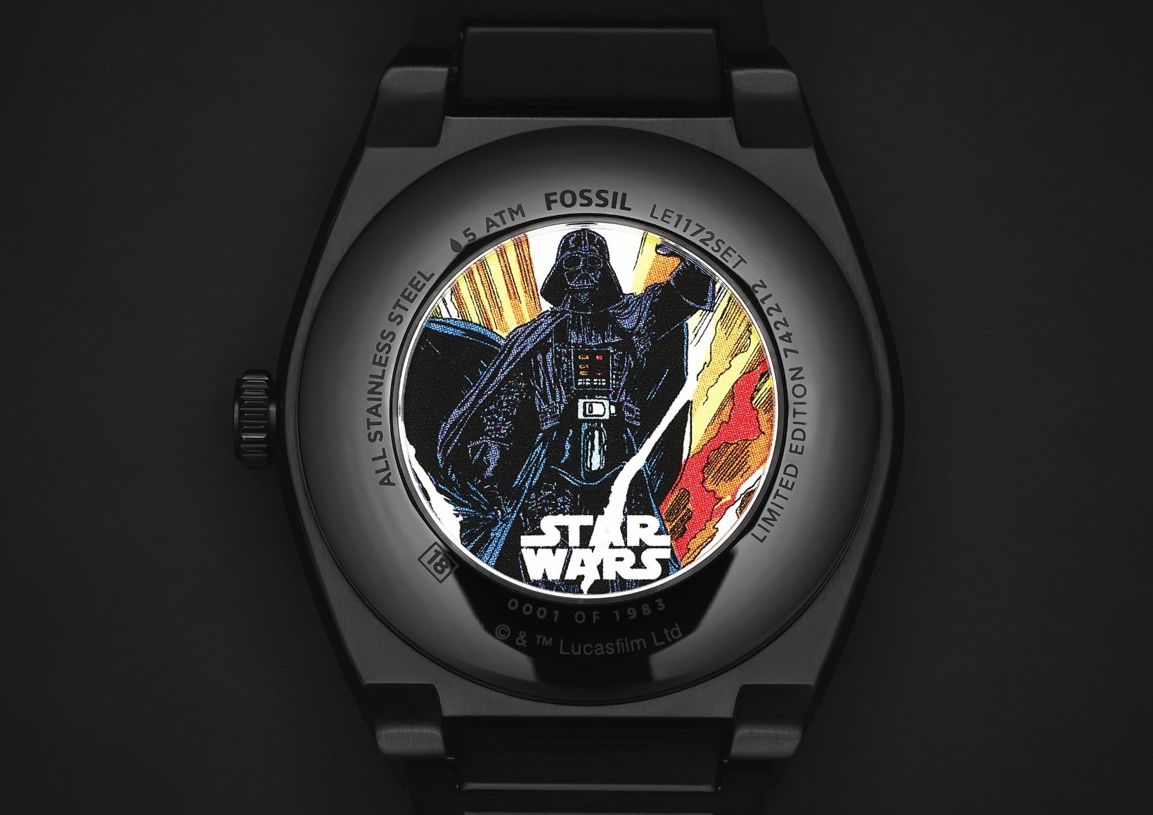 The back of a watch, featuring a comic book-style illustration of Boba Fett