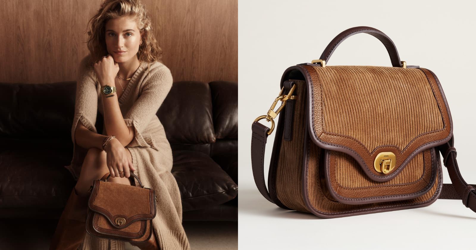 A woman sitting and holding a brown suede Fossil Heritage handbag.