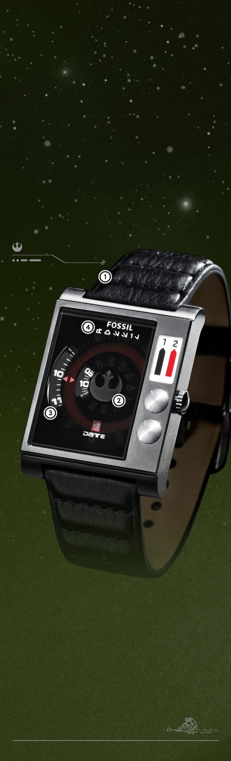 A close-up of a black, square-shaped watch with time-telling discs and padded leather strap