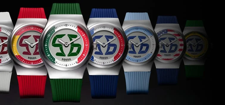 The Fossil Limited-Edition World Flags Big Tic watch collection, featuring a sporty analog-digital design in bold, global colorways.