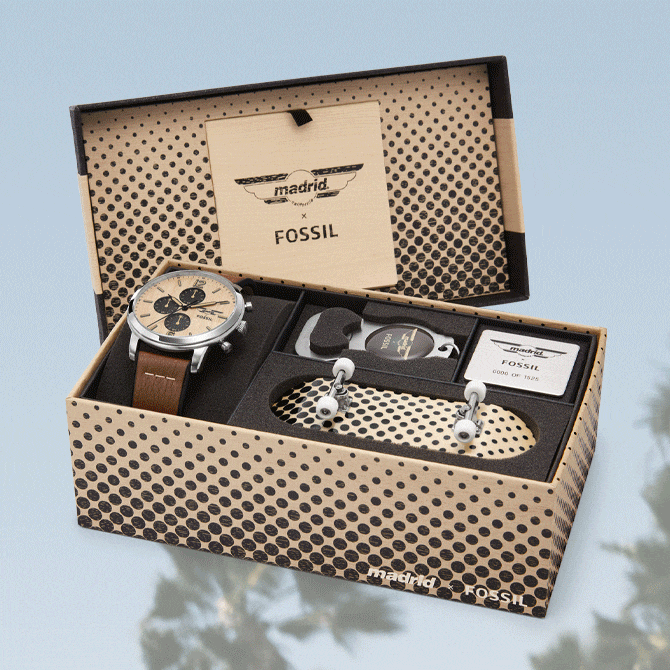 Gif of a man holding the skateboard and wearing the Madrid x Fossil chronograph watch and the box set, including a bottle opener, mini skateboard and chronograph watch.