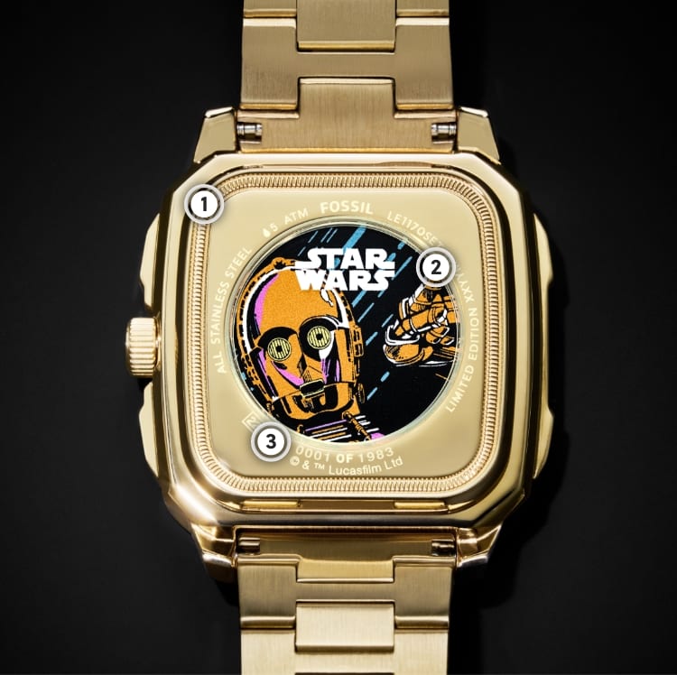 The back of a watch, featuring a comic book-style illustration of C-3PO