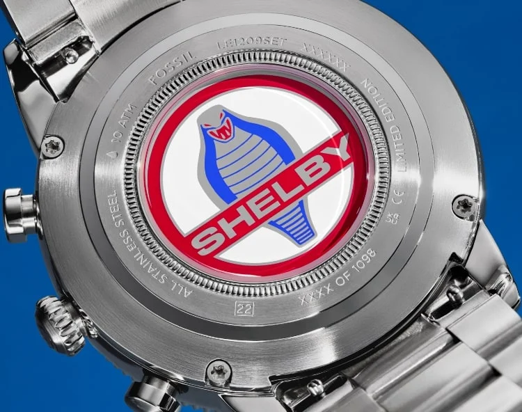 The Shelby Cobra logo, showcased on the caseback of the watch.