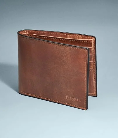 A brown leather bifold wallet.